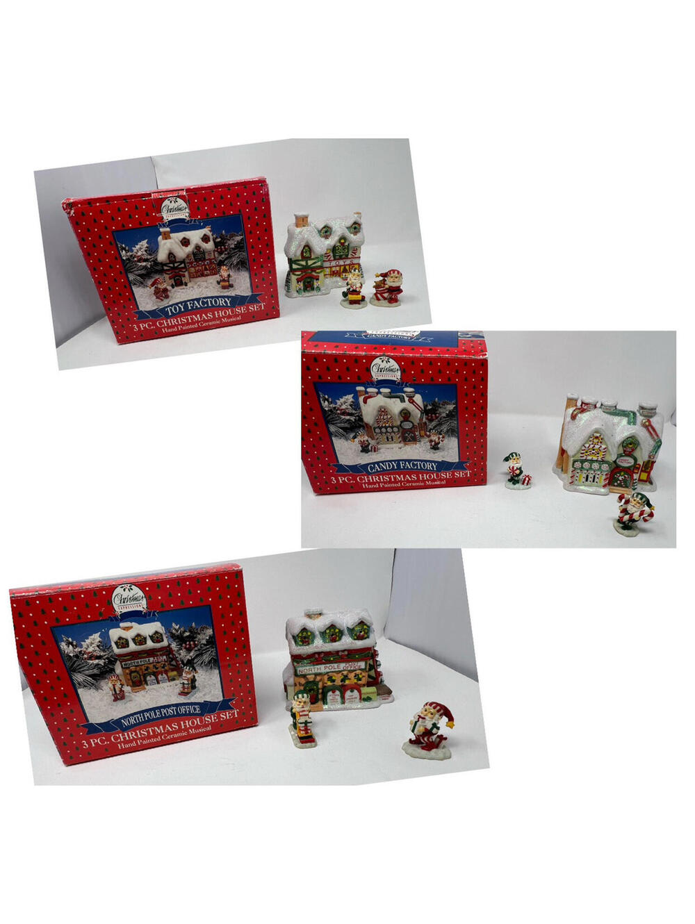 Christmas Expressions Hand Painted Ceramic Musical Village House Set Of THREE